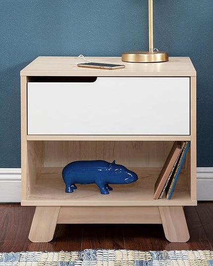 Babyletto Hudson Nightstand with USB Port in Washed Natural and White, 1 Drawer and Storage Cubby - LeafyLoom