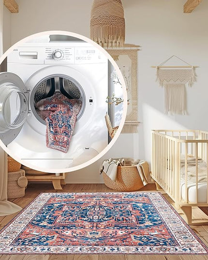 nuLOOM 4x6 Machine Washable Rain Haven Vintage Medallion Area Rug, Rust, Traditional Faded Design, Non-Slip Backing, Stain Resistant, For Bedroom, Dining Room, Living Room, Kitchen - LeafyLoom