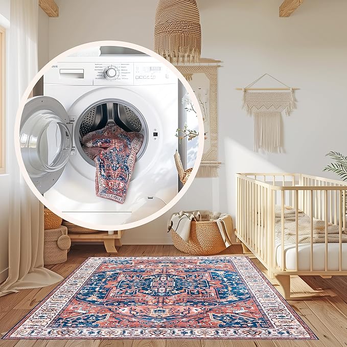 nuLOOM 8x10 Machine Washable Rain Haven Vintage Medallion Area Rug, Rust, Traditional Faded Design, Non-Slip Backing, Stain Resistant, For Bedroom, Dining Room, Living Room, Kitchen - LeafyLoom