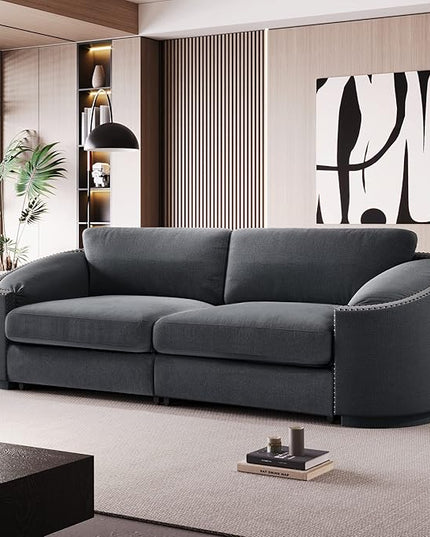 Morden Stylish 3-Seat Upholstered Couch Linen Fabric Nailhead Decor Sofa&Couch with Thicker Cushions and Armrests for Home Office Apartment Living Room, 91", Gray-337 - LeafyLoom