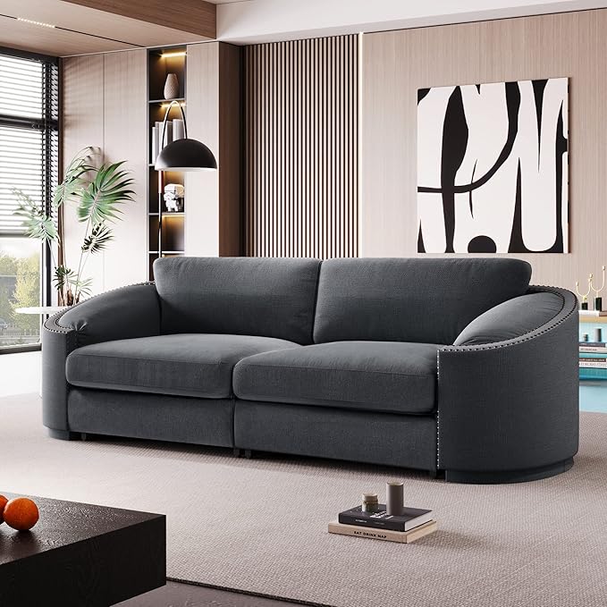 Morden Stylish 3-Seat Upholstered Couch Linen Fabric Nailhead Decor Sofa&Couch with Thicker Cushions and Armrests for Home Office Apartment Living Room, 91", Gray-337 - LeafyLoom