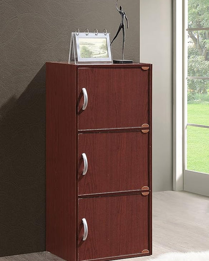 HODEDAH 3 Door Bookcase Cabinet, Mahogany - LeafyLoom