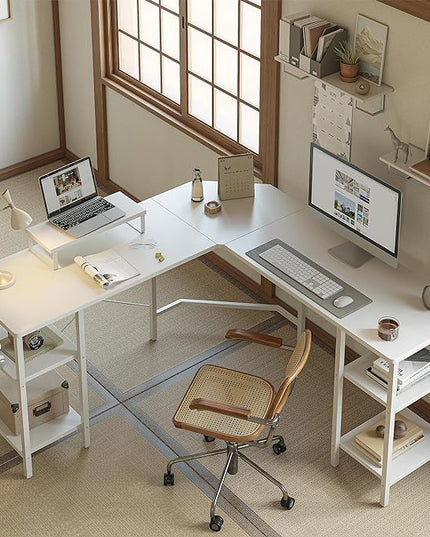 BANTI L Shaped Desk with Shleves, 50.4 inch Large Corner Desk with Two Storage, Space Saving, Easy to Assemble, White - LeafyLoom