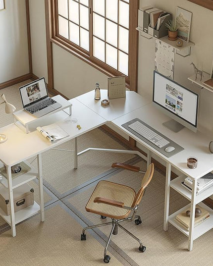 BANTI L Shaped Desk with Shleves, 58 inch Large Corner Desk with Two Storage, Space Saving, Easy to Assemble, White - LeafyLoom