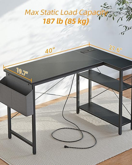 Small Computer Desk with Power Outlets, 40 Inch L Shaped Desk with Reversible Shelves, Gaming Desk Corner Desk Study Writing Table for Home Office Bedroom Living Room, Black - LeafyLoom