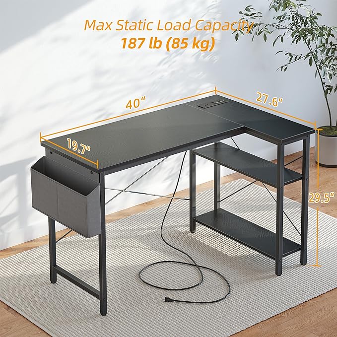 Small Computer Desk with Power Outlets, 40 Inch L Shaped Desk with Reversible Shelves, Gaming Desk Corner Desk Study Writing Table for Home Office Bedroom Living Room, Black - LeafyLoom