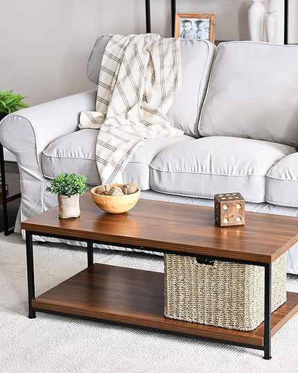 Household Essentials Jamestown Rectangular Coffee Table with Storage Shelf Mid Century Walnut Wood Grain and Black Metal - LeafyLoom