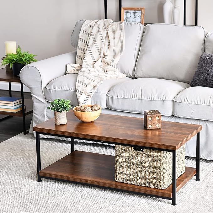 Household Essentials Jamestown Rectangular Coffee Table with Storage Shelf Mid Century Walnut Wood Grain and Black Metal - LeafyLoom