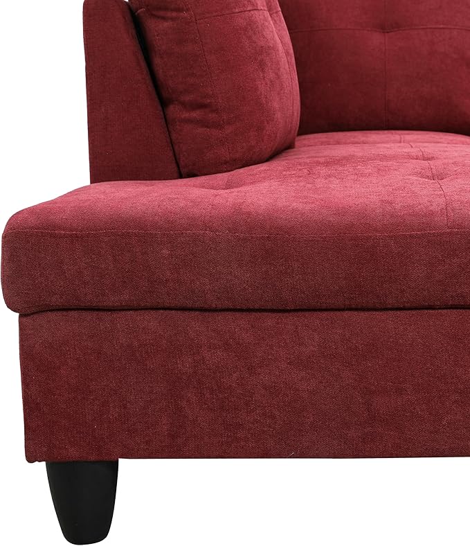 ROOMTEC Button Modern L Shape Sectional Sofa Set, Upholstered Corner Couch with Storage Ottoman, Flannel Tufted Cushions, for Living Room, Apartment, 97inch, Red w/Right Chaise Lounge - LeafyLoom
