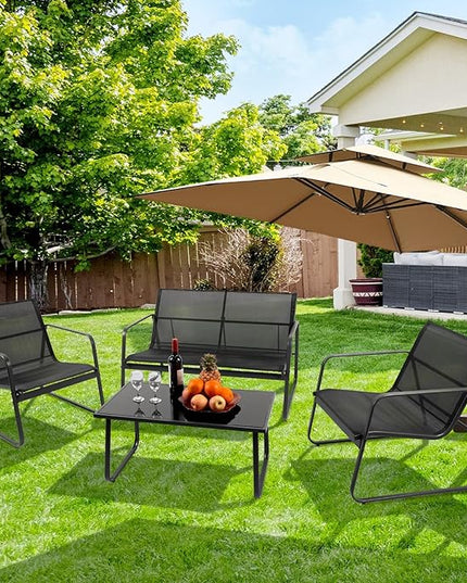 4 Pieces Patio Furniture Set Outdoor Patio Conversation Sets Poolside Lawn Chairs with Glass Coffee Table Porch Furniture for Courtyard, Garden and Balcony (Black) - LeafyLoom