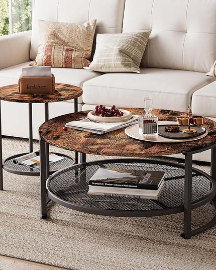 LINSY Home Round Coffee Table Set of 3 for Living Room, Industrial Coffee Table with Open Storage, Rustic Wood Surface Top & Sturdy Metal Legs Large Circle Coffee Table, Brown and Black - LeafyLoom
