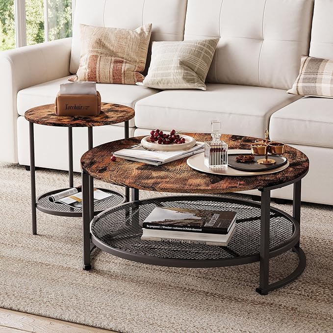 LINSY Home Round Coffee Table Set of 3 for Living Room, Industrial Coffee Table with Open Storage, Rustic Wood Surface Top & Sturdy Metal Legs Large Circle Coffee Table, Brown and Black - LeafyLoom