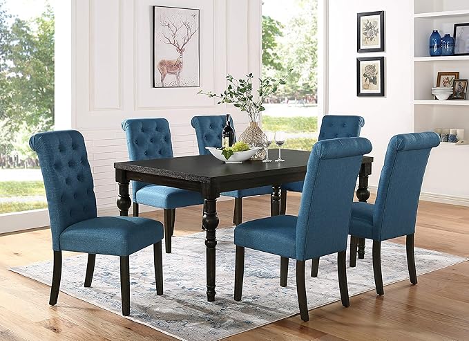 Roundhill Furniture Leviton Urban Style Dark Washed Wood Dining Set: Table and 6 Chairs, Blue - LeafyLoom