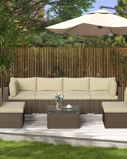 SUNVIVI OUTDOOR 7 Piece Patio Sectional Sofa Outdoor All Weather Brown PE Wicker Furniture Set, Paito Conversation Sofa Set with Glass Table, Removable Beige Cushions - LeafyLoom