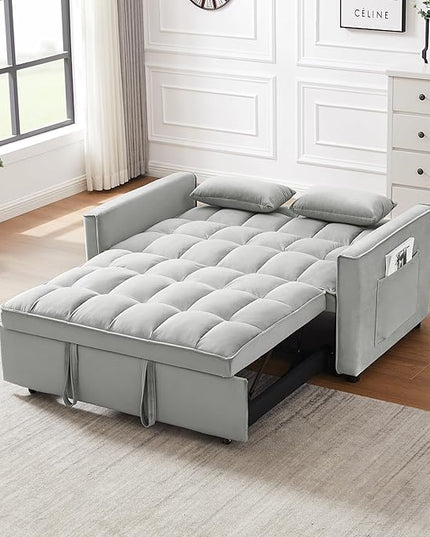 55" 3 in 1 Convertible Loveseat Futon Sofa Couch of Mordern Velvet w/Pullout Bed, Small Love Seat Lounge Sleeper w/Reclining Backrest, Toss Pillows, Pockets, Furniture for Living Room Bed - LeafyLoom