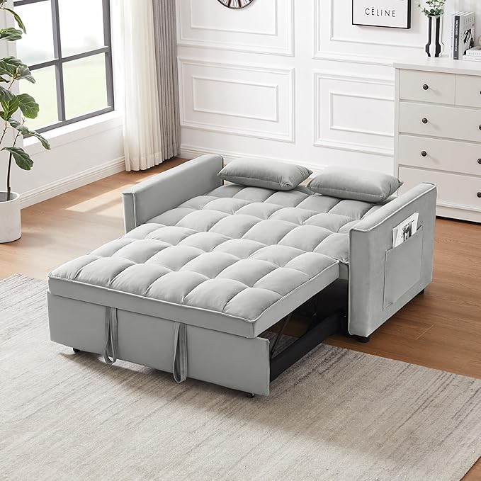 55" 3 in 1 Convertible Loveseat Futon Sofa Couch of Mordern Velvet w/Pullout Bed, Small Love Seat Lounge Sleeper w/Reclining Backrest, Toss Pillows, Pockets, Furniture for Living Room Bed - LeafyLoom