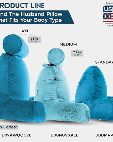 Husband Pillow XXL Aspen Edition - Adult Reading Sit Up Bed Rest Pillow for Bed with Arms & Neck Roll on Bungee Cord - Premium Memory Foam - Reversible 2 Sided Cover Micro Suede or Plush, Rodeo Blue - LeafyLoom