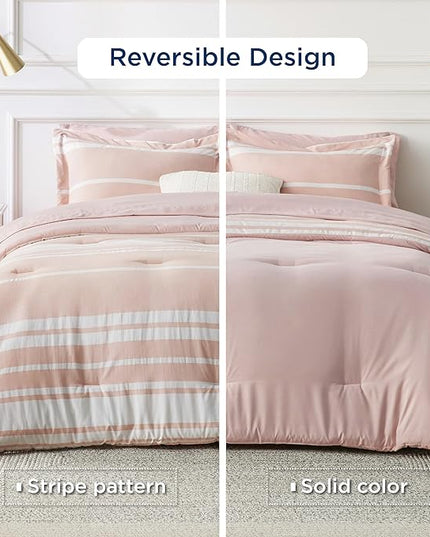 Bedsure Bed in a Bag King Size 7 Pieces, Light Pink White Striped Bedding Comforter Sets All Season Bed Set, 2 Pillow Shams, Flat Sheet, Fitted Sheet and 2 Pillowcases - LeafyLoom