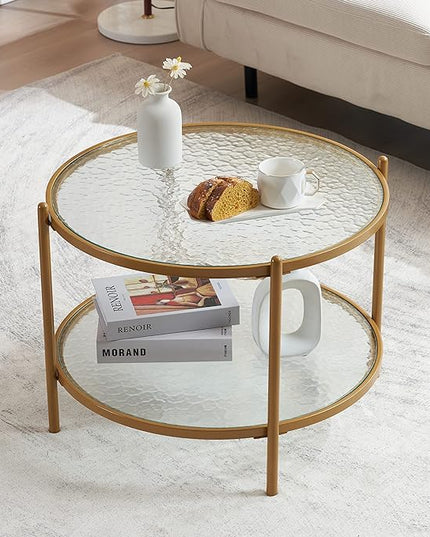 VINGLI 25.6" Small Matte Gold Round Coffee Table Water-wave Glass Circle Clear Coffee Table, Center Table with 2-Tier Modern Storage Design for Living Room, Bedroom, Meeting Room, Balcony, Patio - LeafyLoom