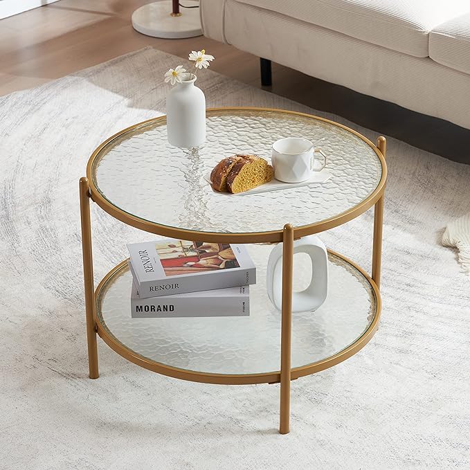 VINGLI 25.6" Small Matte Gold Round Coffee Table Water-wave Glass Circle Clear Coffee Table, Center Table with 2-Tier Modern Storage Design for Living Room, Bedroom, Meeting Room, Balcony, Patio - LeafyLoom