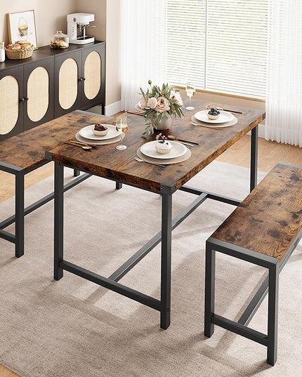 Kitchen Table with Benches, Dining Table Set for 4, Rectangular Dining Room Table Set with 2 Sturdy Benches, 3 Piece Kitchen Table Set for Small Space, Apartment, Studio, Retro Brown - LeafyLoom