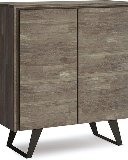 SIMPLIHOME Lowry SOLID ACACIA WOOD and Metal 39 Inch Wide Modern Industrial Medium Storage Cabinet in Distressed Grey, For the Living Room, Entryway and Family Room - LeafyLoom