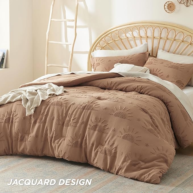 Bedsure Queen Size Comforter Set Taupe, Boho Tufted Bedding Comforter Set, Farmhouse Jacquard Solar Pattern Bed Set, 3 Pieces, 1 Shabby Chic Fluffy Comforter & 2 Pillow Shams - LeafyLoom