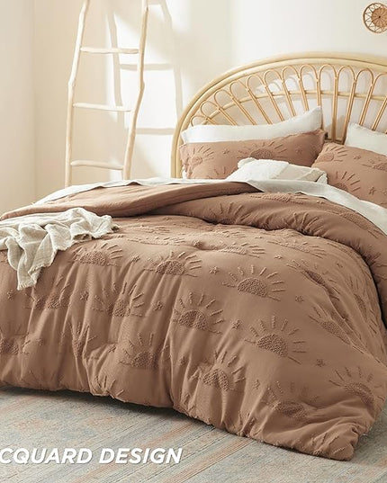 Bedsure King Size Comforter Set Taupe, Boho Tufted Bedding Comforter Set, Farmhouse Jacquard Solar Pattern Bed Set, 3 Pieces, 1 Shabby Chic Fluffy Comforter & 2 Pillow Shams - LeafyLoom