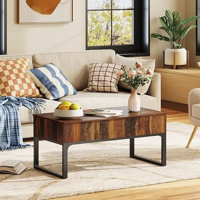WLIVE Lift Top Coffee Table with Storage, Coffee Table with Lifting Top & Sliding Top, Wood Coffee Table for Living Room, Modern Center Table with 2 Hidden Compartment for Home, Office, Retro Brown - LeafyLoom