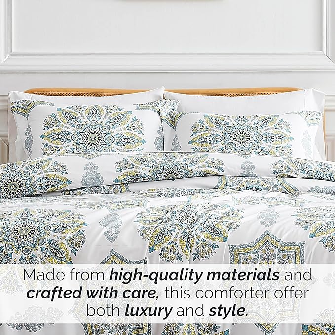 Southshore Fine Living, Inc. Oversized Twin Comforter Bedding Set, Down Alternative Boho Bedspread, Paisley Floral Print Comforter, Twin or Twin XL Comforter with Matching Sham, Aqua on White - LeafyLoom