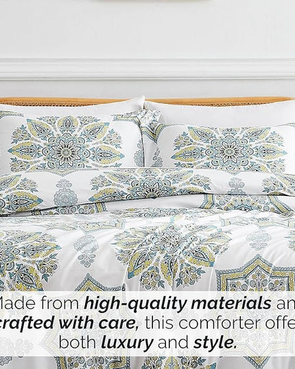Southshore Fine Living, Inc. Oversized Full/Queen Comforter Bedding Set, Down Alternative Boho Bedspread, Paisley Floral Print Comforter, Full Size/Queen with 2 Matching Shams, Aqua on White - LeafyLoom