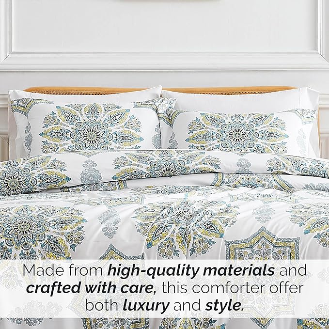 Southshore Fine Living, Inc. Oversized Full/Queen Comforter Bedding Set, Down Alternative Boho Bedspread, Paisley Floral Print Comforter, Full Size/Queen with 2 Matching Shams, Aqua on White - LeafyLoom