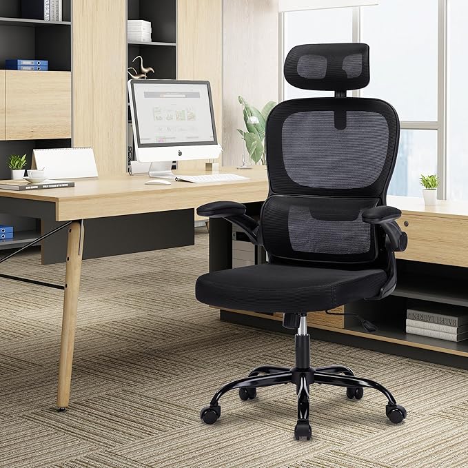 Office Chair, Ergonomic Office Chair Desk Chair with Headrest, High Back Mesh Computer Chairs for Home Office with Adjustable Back Support, 350lbs Comfortable Black Office Chair, Tilt Lock - LeafyLoom