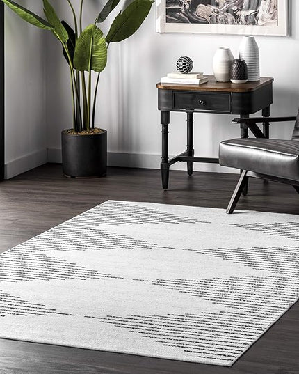 nuLOOM Romina Machine Washable Diamond Stripes Runner Rug, 2' 6" x 8', Ivory, Rectangular, 0.1" Thick - LeafyLoom