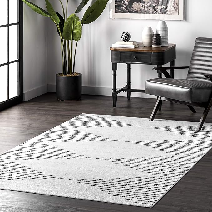 nuLOOM Romina Machine Washable Diamond Stripes Runner Rug, 2' 6" x 8', Ivory, Rectangular, 0.1" Thick - LeafyLoom