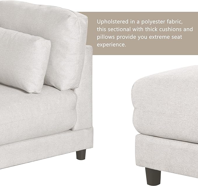 110.6" Modern 2 Pieces L Shaped Sofa with Removable Ottomans and Comfortable Waist Pillows, 4 Seat Large Upholstery Sectional Couch for Living Room, Office, Home, Apartment, 77.2inch, Beige-3 - LeafyLoom