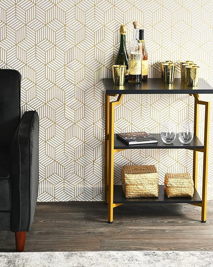 Household Essentials Crown Narrow 3 Shelf Open Storage Bookshelf Black Oak Wood Grain and Gold Metal - LeafyLoom