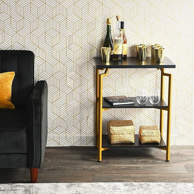 Household Essentials Crown Narrow 3 Shelf Open Storage Bookshelf Black Oak Wood Grain and Gold Metal - LeafyLoom