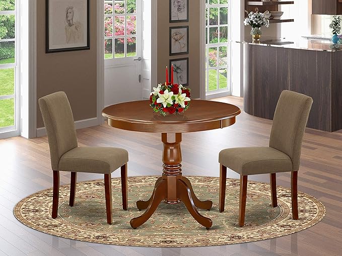 East West Furniture ANAB3-MAH-18 Antique 3 Piece Modern Set Contains a Round Kitchen Table with Pedestal and 2 Coffee Linen Fabric Parson Dining Chairs, 36x36 Inch - LeafyLoom