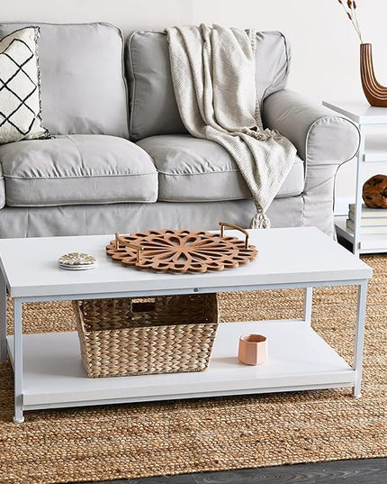 Household Essentials Jamestown Rectangular Coffee Table with Storage Shelf Scandinavian White and White Metal - LeafyLoom
