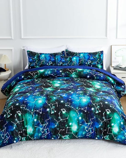 Btargot Lightweight Microfiber 6 Piece Comforter Set, Tie Dye Galaxy Constellation Pattern Bedding Set for Boys Girls Teen, Queen Black Green - LeafyLoom