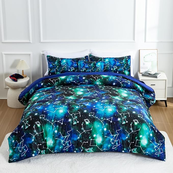 Btargot Lightweight Microfiber 6 Piece Comforter Set, Tie Dye Galaxy Constellation Pattern Bedding Set for Boys Girls Teen, Queen Black Green - LeafyLoom
