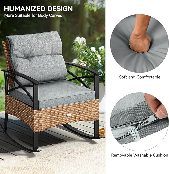 YITAHOME 3-Piece Outdoor Rocking Chair Bistro Set, Patio Wicker Rocking Chair Conversation Set with Glass Coffee Table & Soft Cushions for Balcony, Lawn and Porch Poolside (Light Brown+Gray) - LeafyLoom