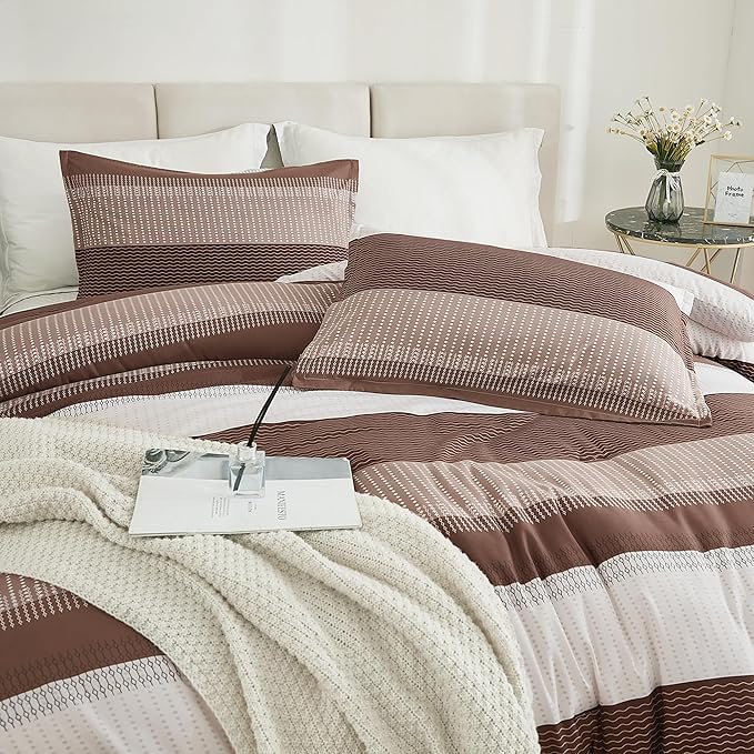 Litanika Brown Comforter Set King - 3 Pieces Lightweight Brown White Colorblock Stripe Fluffy Bedding Comforter Sets, All Season Bed Set - LeafyLoom