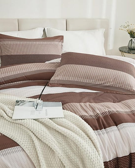 Litanika Brown Comforter Set California King - 3 Pieces Lightweight Brown White Colorblock Stripe Fluffy Bedding Comforter Sets, All Season Bed Set - LeafyLoom