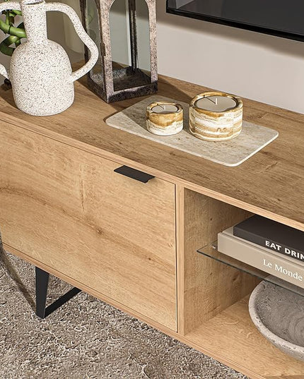 Atelier Mobili Mid Century Modern TV Stand 75 inch | Farmhouse Entertainment Center with Storage | TV Stand for 75 Inch TV | Oak TV Stand for Living Room Entertainment Center for Bedroom TV Stand - LeafyLoom