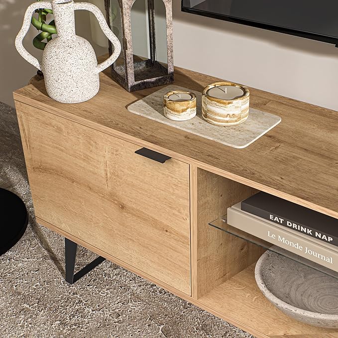 Atelier Mobili Mid Century Modern TV Stand 75 inch | Farmhouse Entertainment Center with Storage | TV Stand for 75 Inch TV | Oak TV Stand for Living Room Entertainment Center for Bedroom TV Stand - LeafyLoom