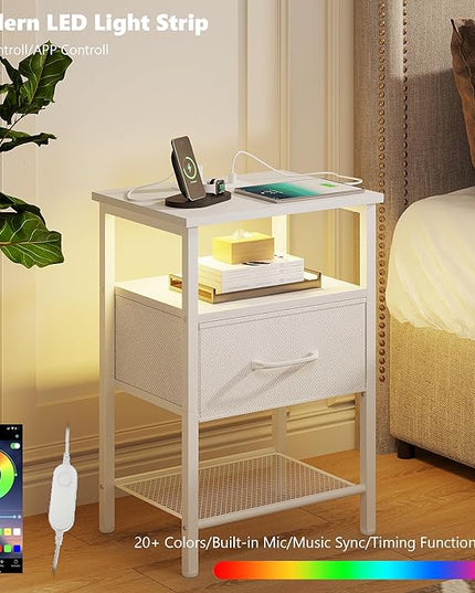 Night Stand, End Table with Charging Station, LED Bedside Table with Fabric Drawer for Bedroom, 3-Tier Side Table with Open Shelf, White - LeafyLoom