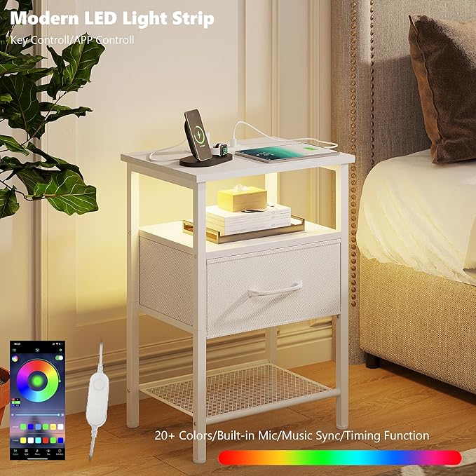 Night Stand, End Table with Charging Station, LED Bedside Table with Fabric Drawer for Bedroom, 3-Tier Side Table with Open Shelf, White - LeafyLoom