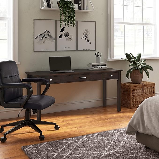 SIMPLIHOME Avalon SOLID WOOD Contemporary 60 Inch Wide Large Desk in Tobacco Brown, For the Office Desk, Writing Table, Workstation and Study Table - LeafyLoom
